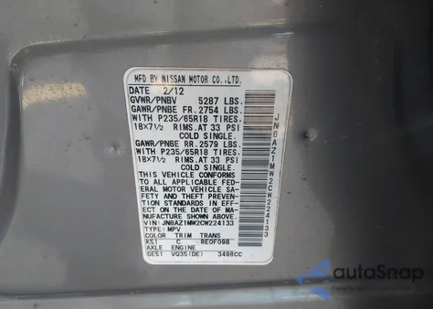 2012 Nissan Murano Sl из США, поврежденный, VIN JN8AZ1MW2CW224133